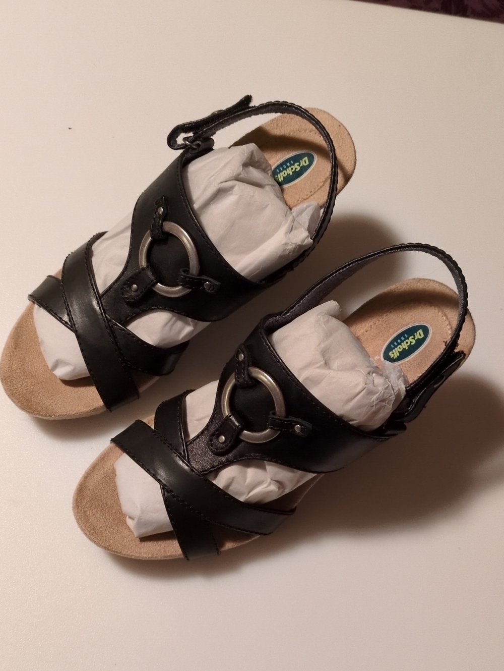 Dr. Scholl's Black Leather Slingback Sandals with Metal Ring Velcro Closure 7M